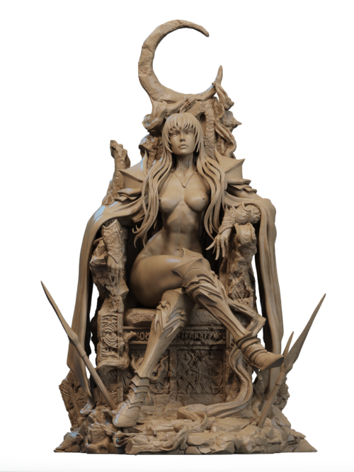 Reine du Croissant Noir – Figurine résine dark fantasy sur trône